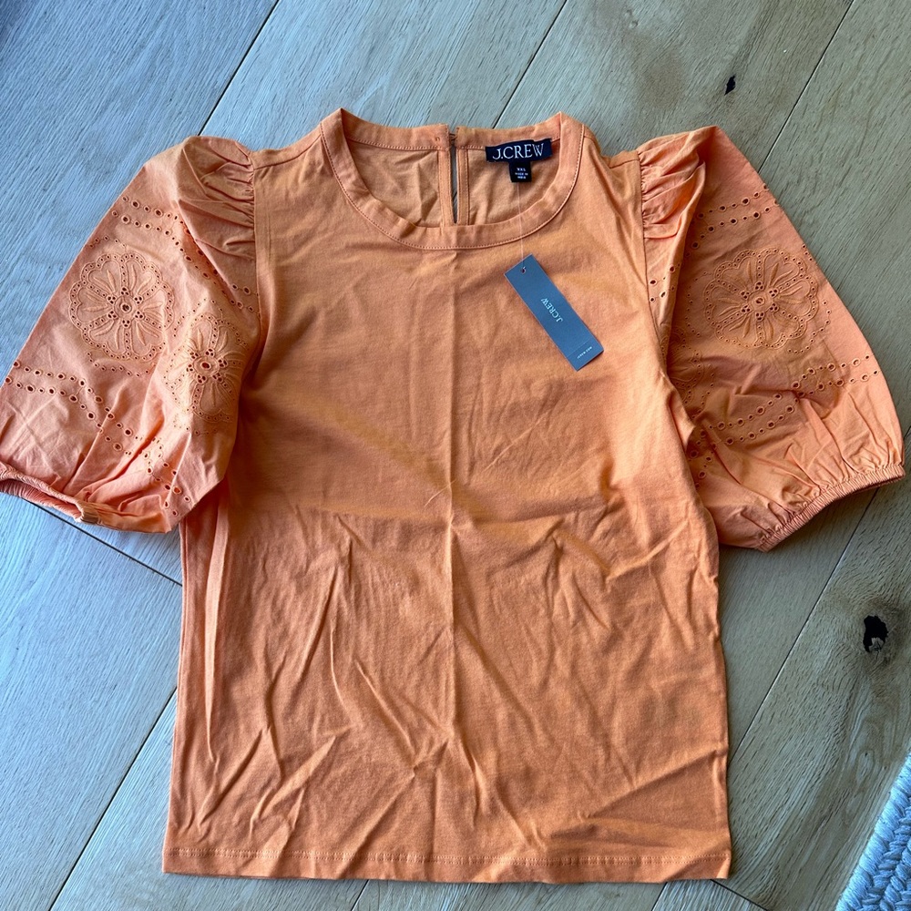 J.Crew Broken in jersey puff sleeve eyelet top, XXS, vivid tangerine